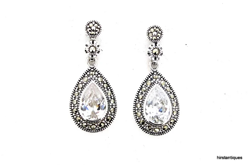 Ladies triangle drop earrings -Silver Marcasite Clear Cubic zirconia Bridal Earrings Vintage Wedding Large Tear Drop