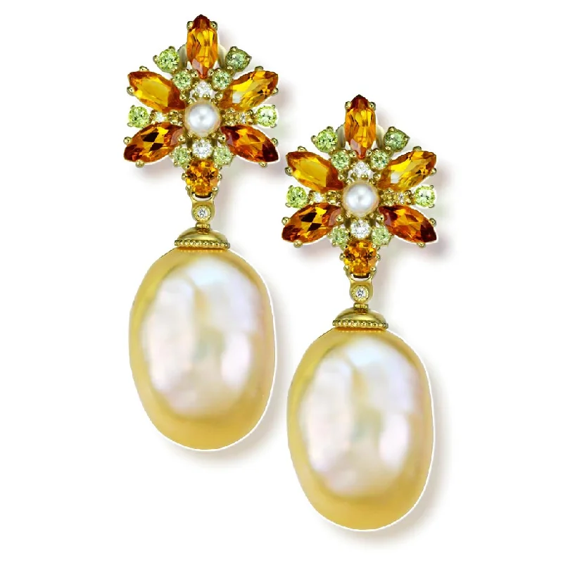 Ladies evening radiance earrings -Gold Blossom Drop Earrings with Pearls