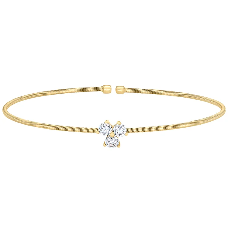 Ladies Bracelets Gift Glow-Gold Finish Sterling Silver Cable Cuff Bracelet with Three Round Simulated Diamonds