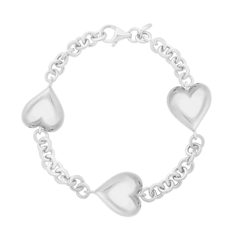 Ladies Bracelets with Rose Quartz-Silver Puffed Triple Heart Bracelet