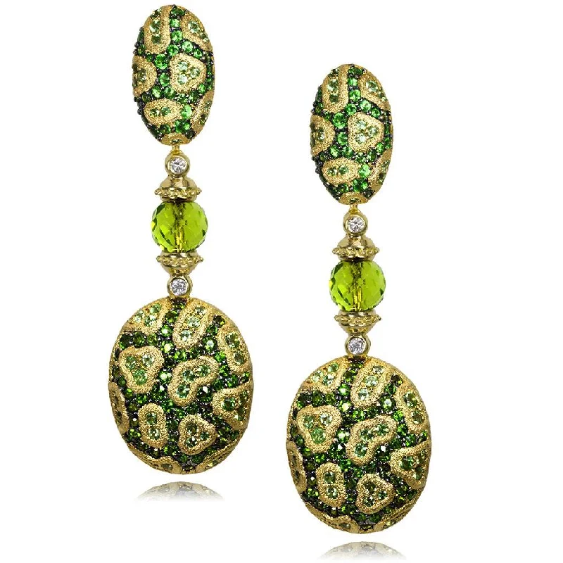 Ladies galaxy swirl earrings -Gold Fine Lace Drop Earrings, Chrome Diopside, Peridot