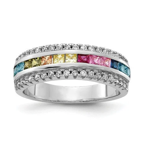 Ladies serene touch rings -Sterling Silver Multi Color Rainbow Princess Square Channel Set CZ Ring