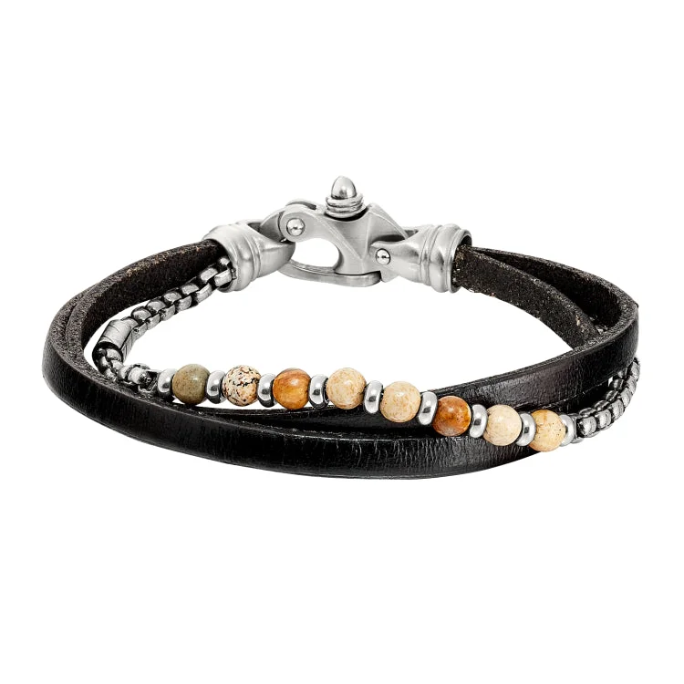 Ladies Bracelets Artistic Glow-Black Leather 3 Cord Bracelet With Box Link Chain And Brown Beads