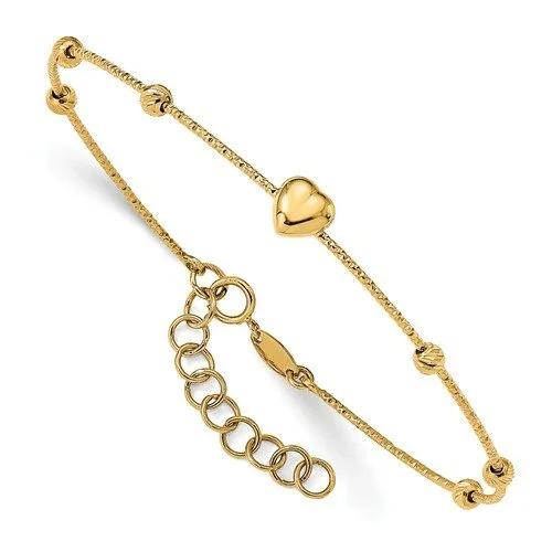 Ladies Bracelets for Photo Glow-14KT Yellow Gold Diamond Cut Beads With Heart Flexible Bracelet