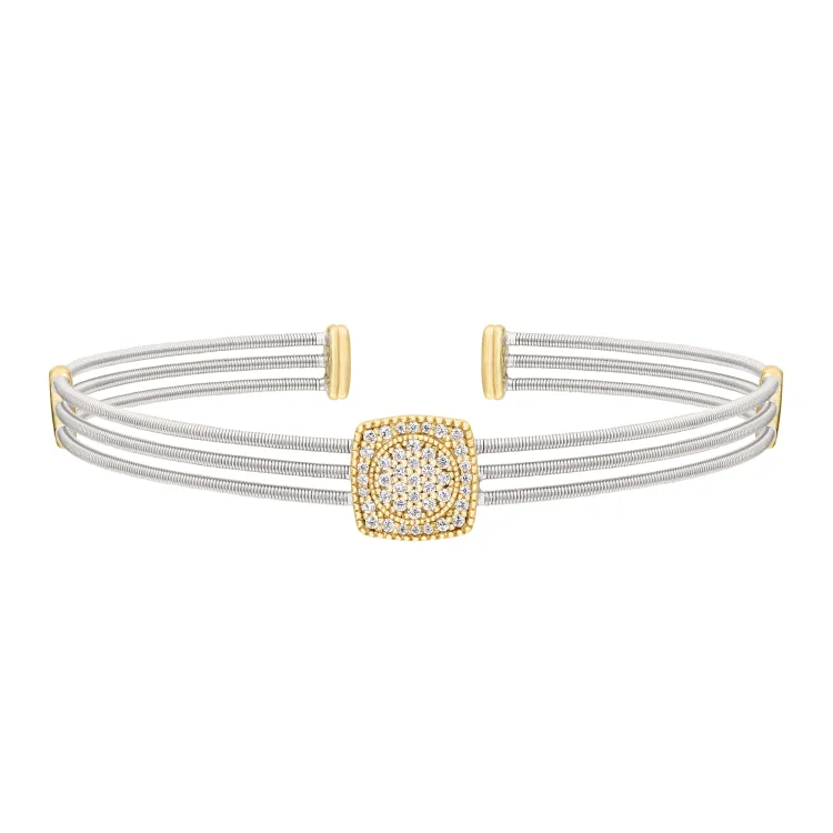 Ladies Bracelets with Mint Serpentine-Rhodium Finish Sterling Silver Three Cable Cuff Bracelet with Gold Finish Simulated Diamond Circle in Square