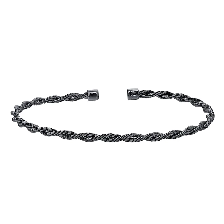 Ladies Bracelets with Grey Hematite-Black Rhodium Finish Sterling Silver Thin Tightly Twisted Cable Cuff Bracelet