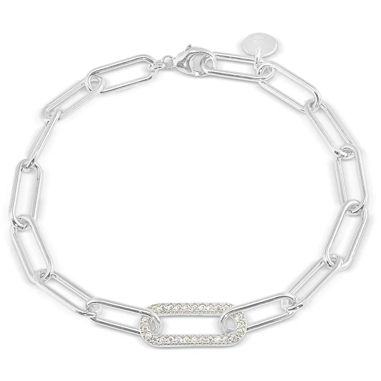 Ladies Bracelets for Explorer Shine-Platinum Finish Sterling Silver Micropave 7.5" Paper Clip Bracelet with a Single Link with Simulated Diamonds