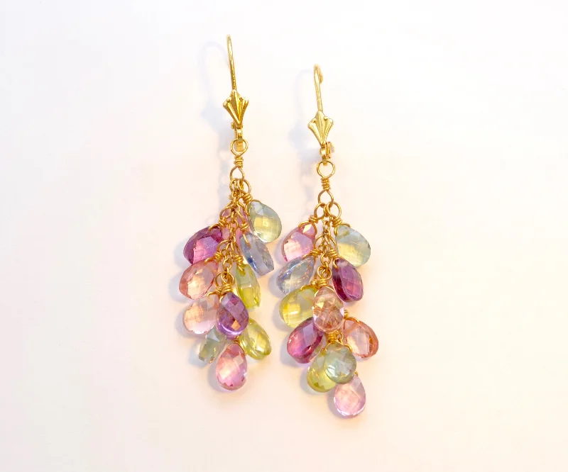 Ladies round glow earrings -Assorted Gem "Hanging Grapes" Dangle Earrings in 14K Yellow Gold