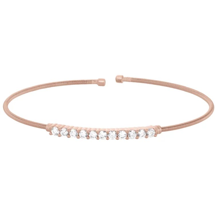 Ladies Bracelets for Dance Shine-Rose Gold Finish Sterling Silver Cable Cuff Bracelet with Simulated Diamonds