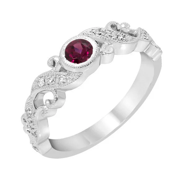 Ladies fairy sprinkle rings -14k White Gold Ruby Bezel and Diamond Filigree Ring