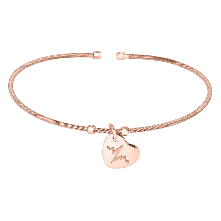 Ladies Bracelets with Bright Sunstone-Rose Gold Finish Sterling Silver Cable Cuff Bracelet with a Dangling Polished Heart Charm with a Heartbeat Design.