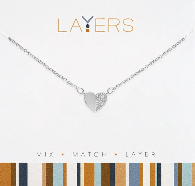 Ladies Necklaces with Hex Spark-Silver Half CZ Heart Layers Necklace