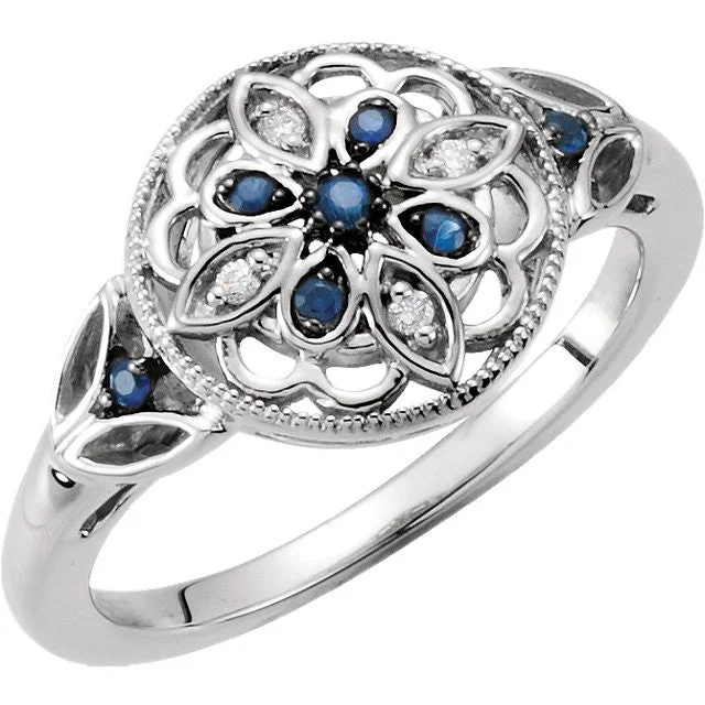 Ladies weathered patina rings -Sterling Silver Genuine Blue Sapphire & Diamond Floral Filigree Ring