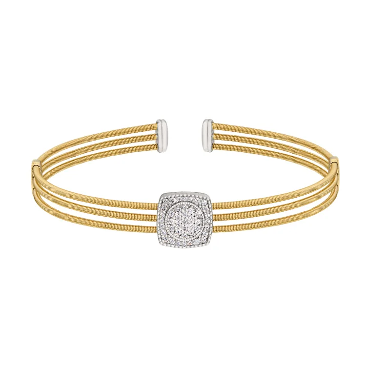 Ladies Bracelets with Sun Glow-Gold Finish Sterling Silver Three Cable Cuff Bracelet with Rhodium Finish Simulated Diamond Circle In Square