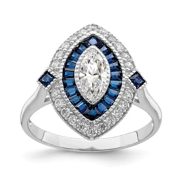 Ladies planetary orbit rings -Sterling Silver Created Blue Spinel And CZ Marquise Halo Ring