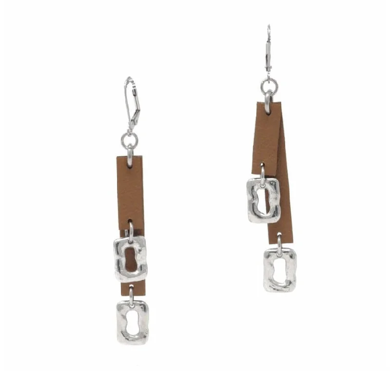 Ladies pristine white earrings -Sobo Double Tan Leather and Small Ring Feature Earrings