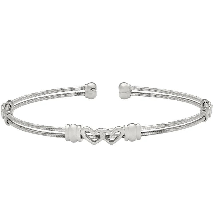 Ladies Bracelets for Work Glow-Rhodium Finish Sterling Silver Two Cable Cuff Bracelet with Two Linked Hearts