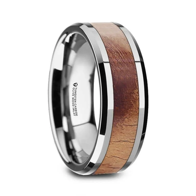 Ladies zen peace rings -Thorsten OLLIVANDER Olive Wood Inlaid Tungsten Carbide Ring with Bevels - 6mm & 8mm