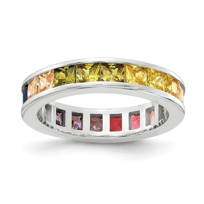 Ladies daring edge rings -Sterling Silver Multi Color Rainbow Princess Square Channel Set CZ Eternity Band Ring