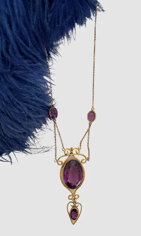 Ladies Necklaces Light Shine-LA BELLE EPOQUE Edwardian Gold Tone and Amethyst Lavaliere Necklace