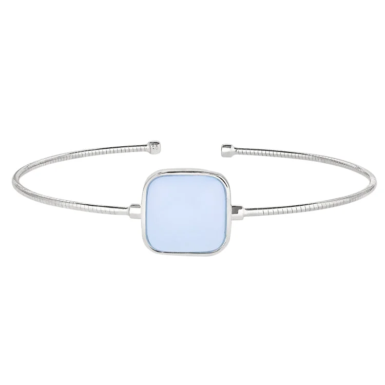 Ladies Bracelets with Yellow Xenotime-Rhodium Finish Sterling Silver Rounded Omega Cable Cuff Bracelet with a Square Aqua Marine Murano Glass Stone