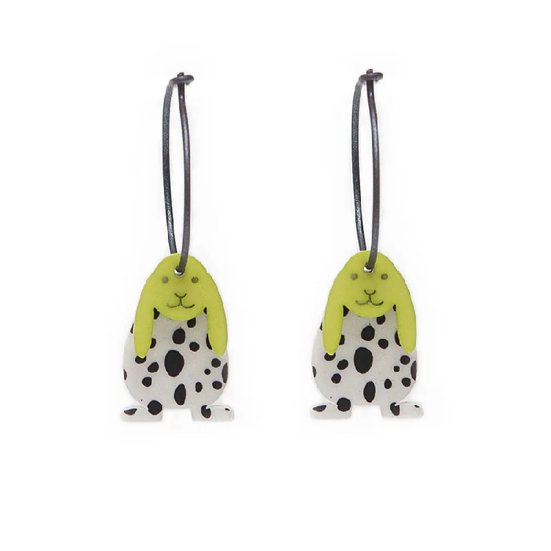 Ladies yoga calm earrings -Lene Lundberg K Form Black/White Splodge and Lime Bunny Earrings