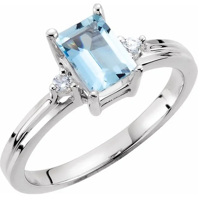 Ladies signature style rings -14k White Gold Aquamarine and Diamond Ring