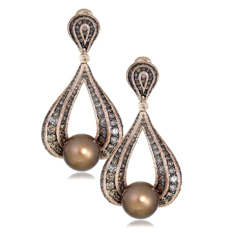 Ladies lavish luxury earrings -Gold Twist Earrings With Chocolate Pearl & Diamonds