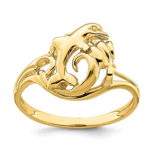 Ladies rich ruby rings -14k Yellow Gold Dolphin Jumping In Wave Ring