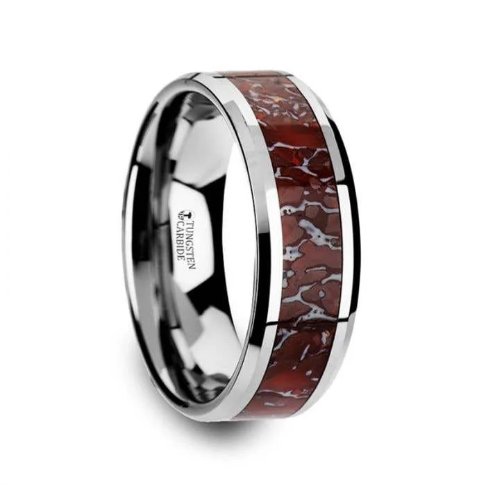 Ladies delicate stack rings -Thorsten JURASSIC Red Dinosaur Bone Inlaid Tungsten Carbide Beveled Edged Ring - 4mm & 8mm