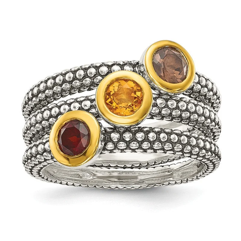 Ladies solar burst rings -Sterling Silver Set of 3 Flash Gold Garnet, Citrine & Smoky Quartz Stackable Rings