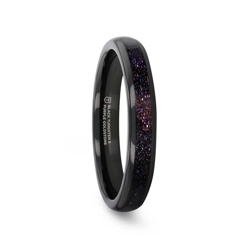 Ladies woven craft rings -Thorsten ASTRUM Black Tungsten with Crushed Blue and Purple Goldstone Inlay 4mm Ring