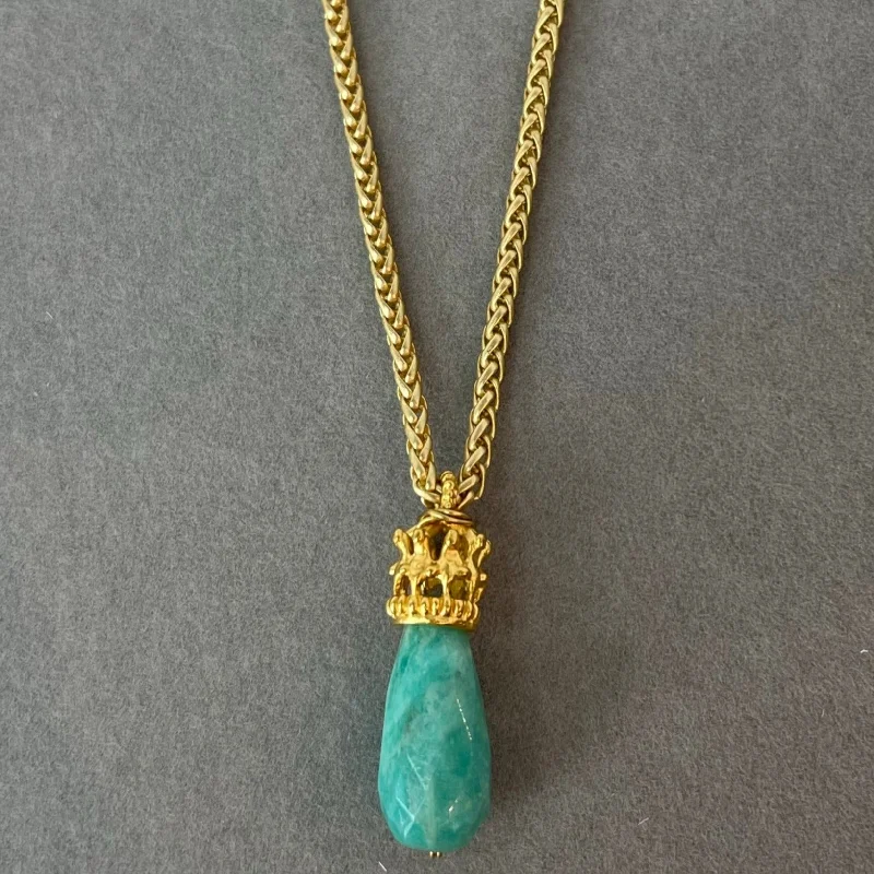 Ladies Necklaces with White Leucite-Necklace - Vermeil Crown on Amazonite Hangs on Wheat Chain