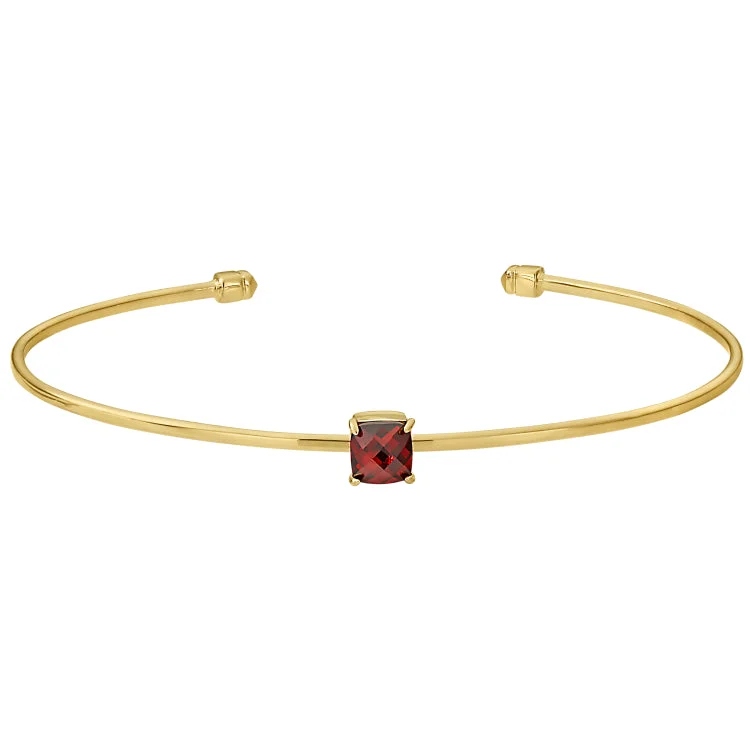 Ladies Bracelets for Love Glow-Gold Finish Sterling Silver Pliable Cuff Bracelet with Faceted Cushion Cut Simulated Garnet Birth Gem - January