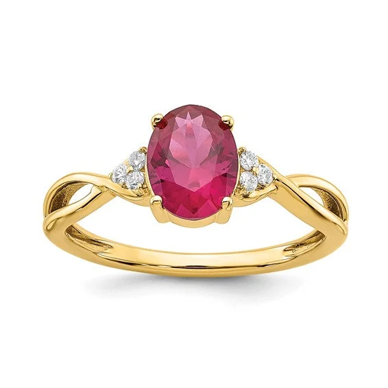 Ladies soft rose gold rings -14k Yellow Gold Oval Created Ruby and Diamond Ring