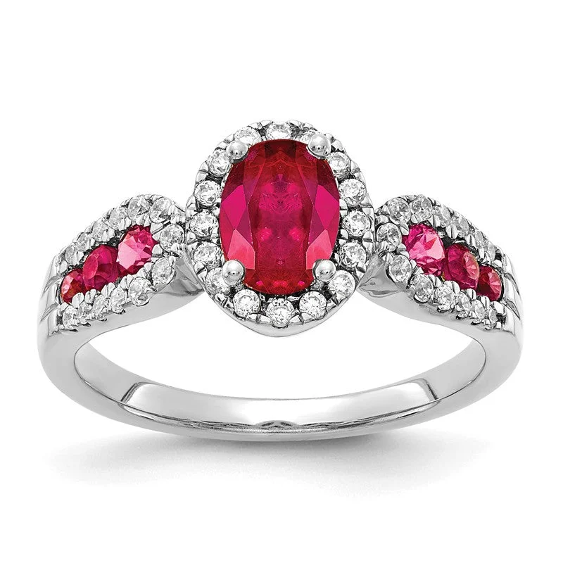 Ladies frosted matte rings -14K White Gold Oval Genuine Ruby And Channel Set Diamond Halo Ring