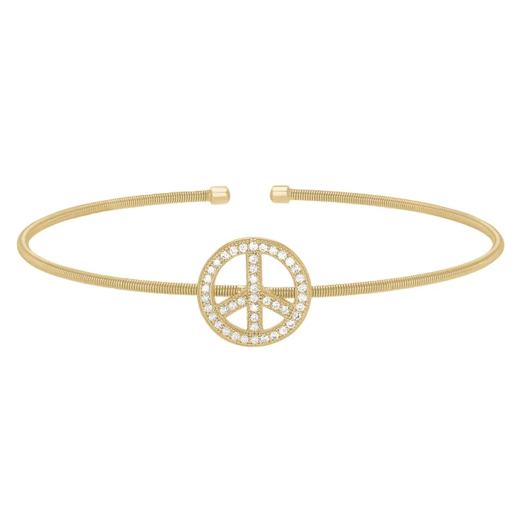 Ladies Bracelets for Mom Shine-Gold Finish Sterling Silver Cable Cuff Peace Sign Bracelet with Simulated Diamonds