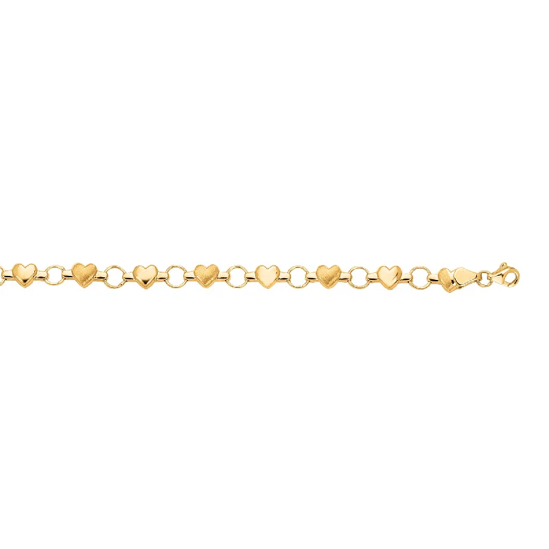 Ladies Bracelets with Custom Spark-14K Gold Heart & Satin Heart Alternating Bracelet