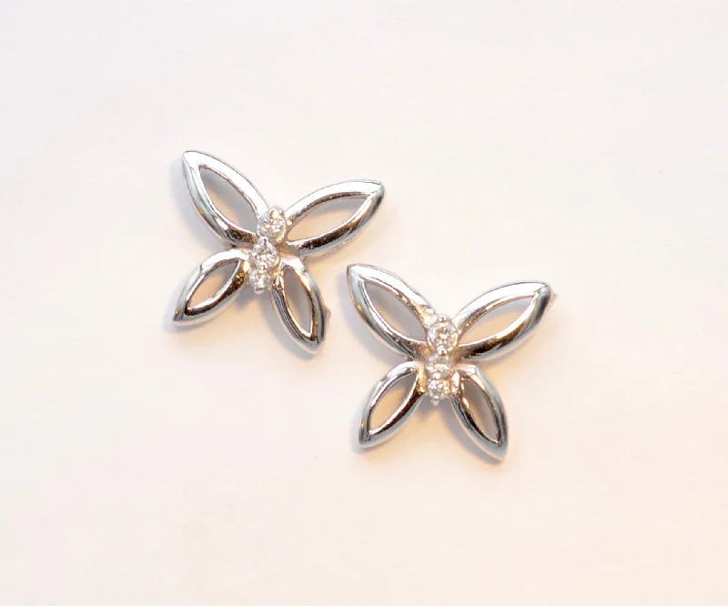 Ladies frosted matte earrings -14K White Gold and Diamond Butterfly Earrings