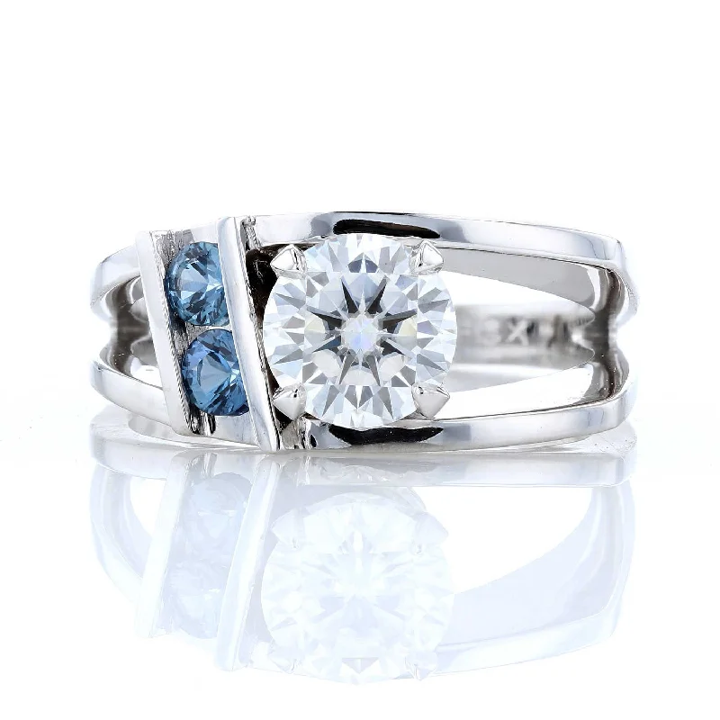 Braid shine engagement rings -Modern Asymmetrical Moissanite & Sapphire Engagement Ring