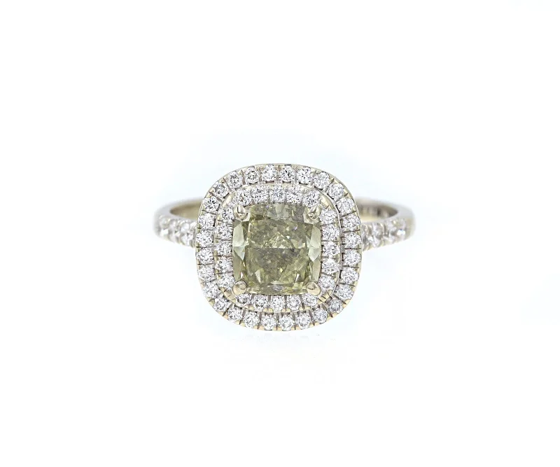 Two-tone gleam engagement rings -1.55ct Grey-Green Yellow Cushion Diamond Double Frame Engagement Ring 14K