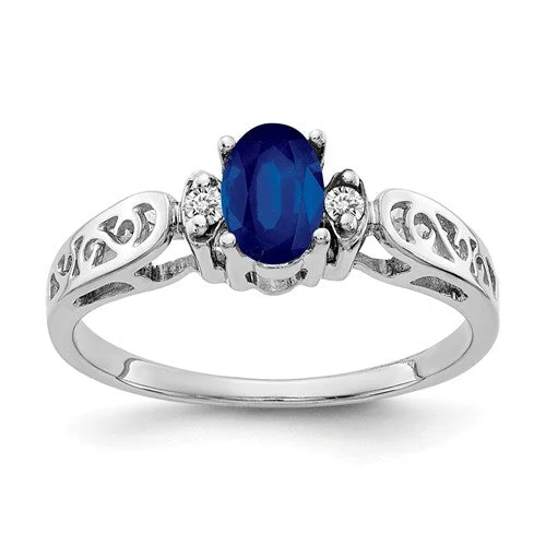 Ladies fiery topaz rings -14k White Gold 6x4mm Oval Blue Sapphire and Diamond Filigree Side Ring