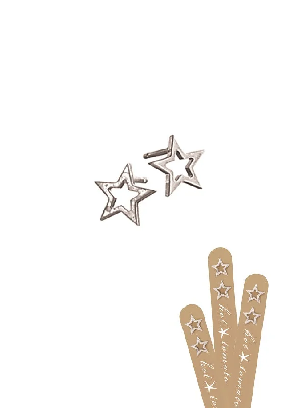 Ladies silky smooth earrings -Hot Tomato Star Frame  Stud Earrings -  Stainless Steel with Worn Silver Finish