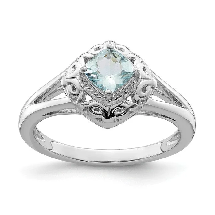 Ladies barely-there rings -Sterling Silver Genuine Aquamarine Square Cushion Filigree Ring