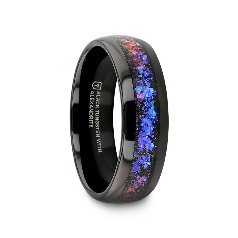 Ladies slim silhouette rings -Thorsten COSMIC Black Tungsten Crushed Alexandrite and Dark Blue & Purple Goldstone Ring - 4mm & 8mm