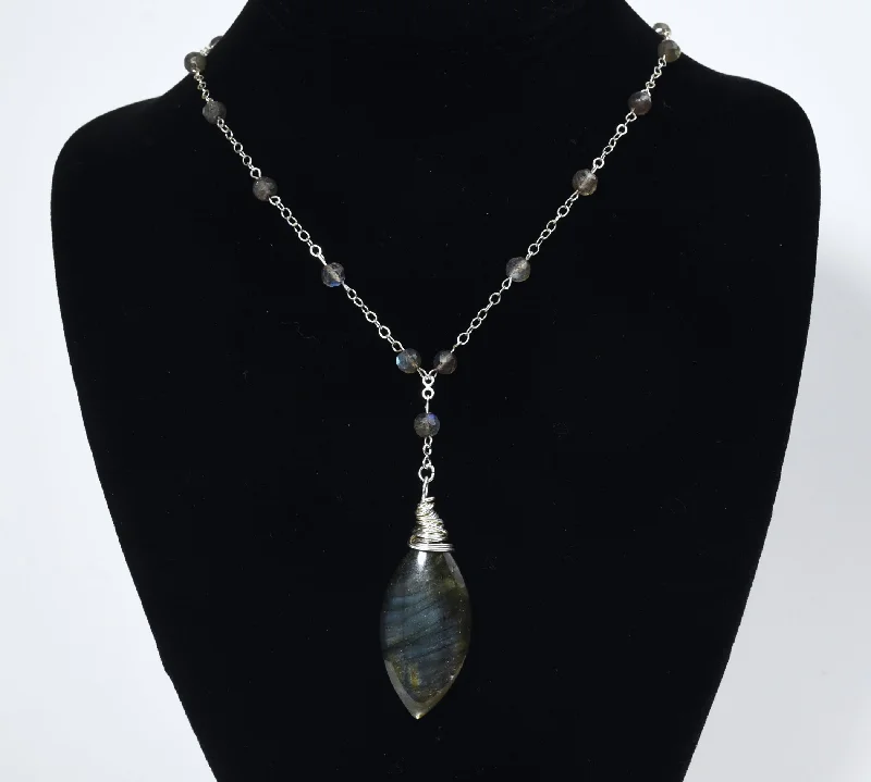 Ladies Necklaces with Spiral Spark-Labradorite Drop Pendant Sterling Silver Beaded Station Necklace