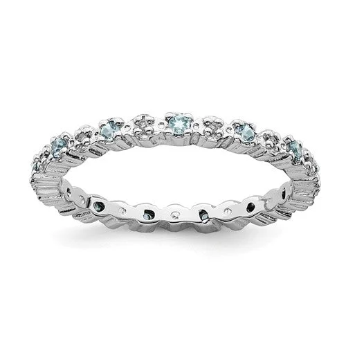 Ladies healing vibe rings -Sterling Silver Stackable Expressions Light Aquamarine & Diamond Alternating Eternity Ring