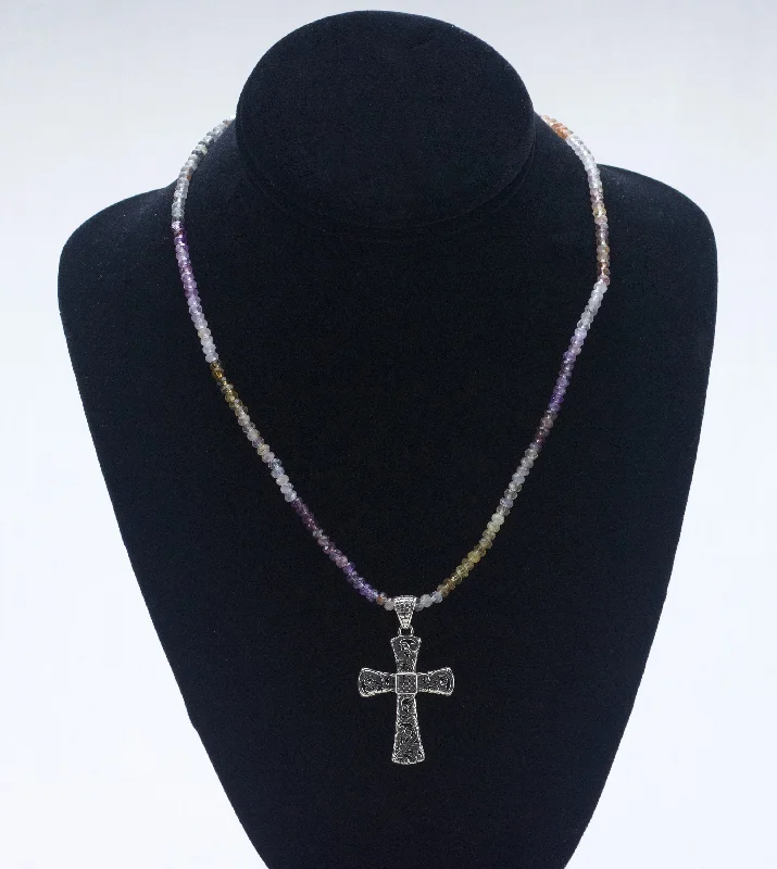 Ladies Necklaces for Grad Shine-Sterling Silver Crucifix on Quartz Varieties Multicolor Beaded Necklace - 18" - BROKEN CLASP