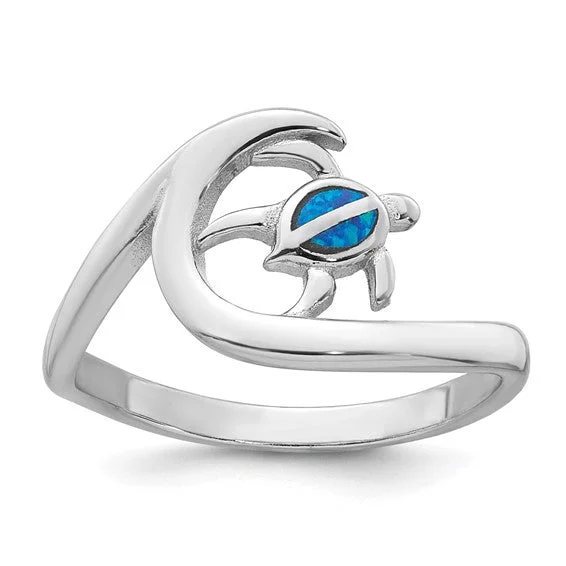 Ladies crisp geometric rings -Sterling Silver Blue Created Opal Turtle on Wave Ring