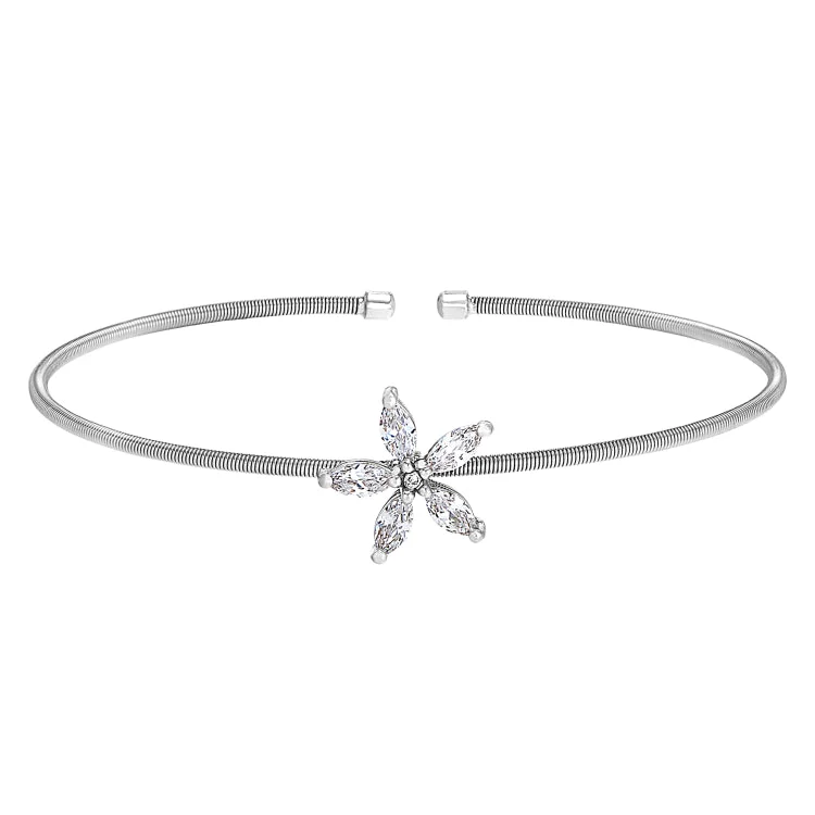 Ladies Bracelets for Sport Glow-Rhodium Finish Sterling Silver Cable Cuff Flower Bracelet with Simulated Diamonds